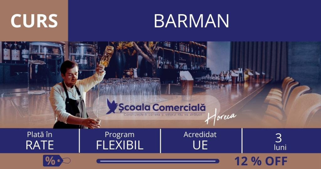 Curs Barman. 3  rate lunare egale de 300  lei fiecare.
