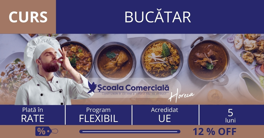 Curs Bucătar. 5 rate lunare egale de 275 lei fiecare.